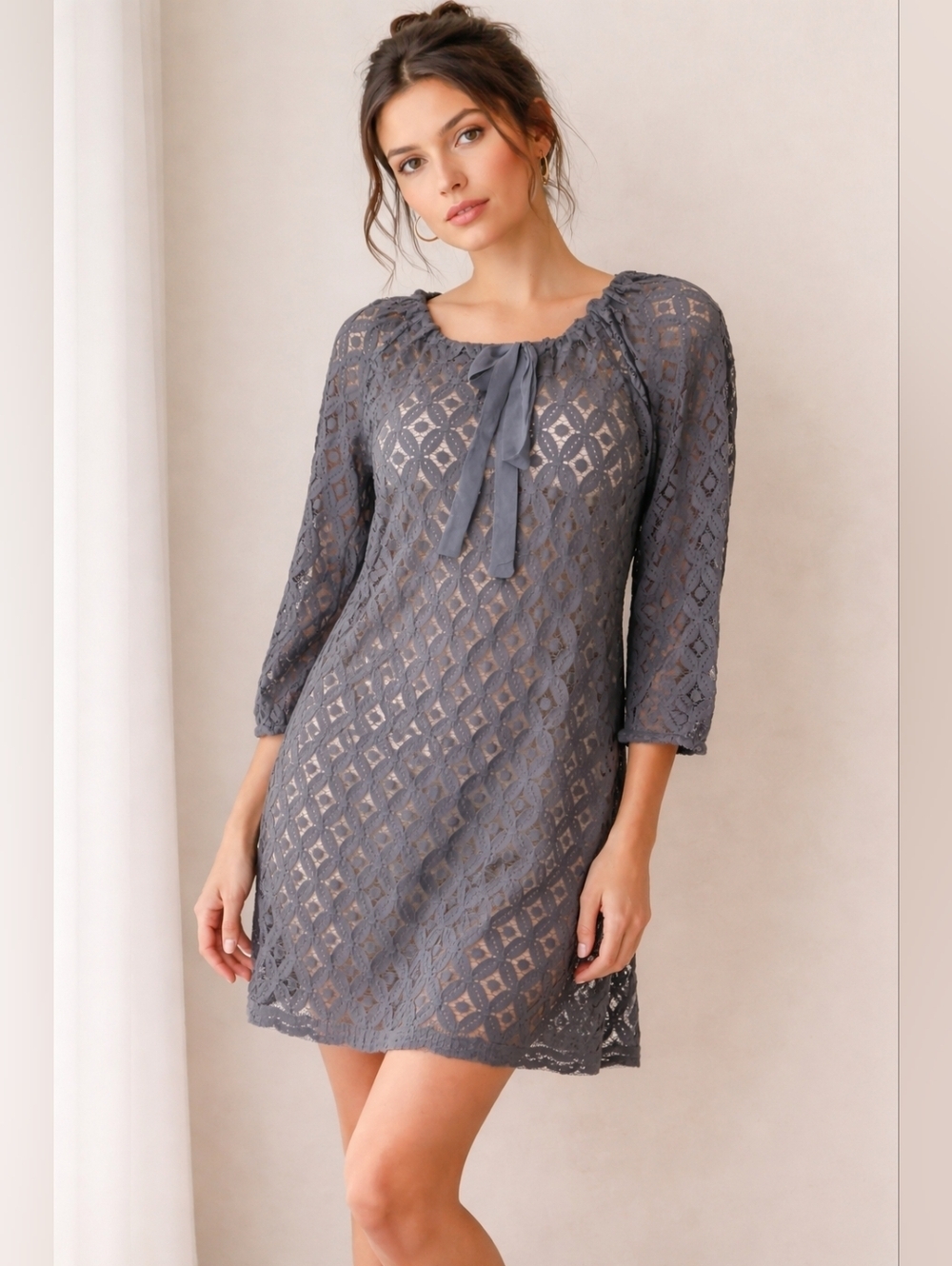 Garnet Hill Blue-Gray Lace Overlay Dress Boho Sheer Tie Neck 10